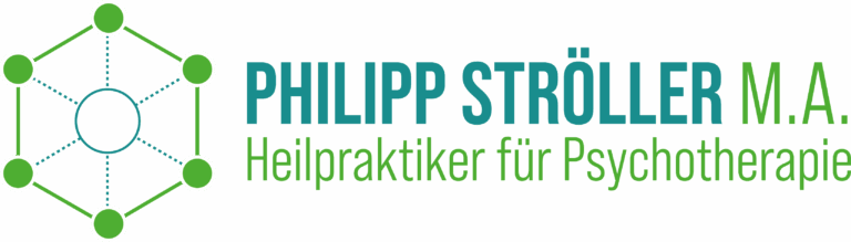 ogo von Philipp Ströller M.A., Heilpraktiker für Psychotherapie – modernes grafisches Symbol mit verbundenen Kreisen und Text in Blau und Grün.